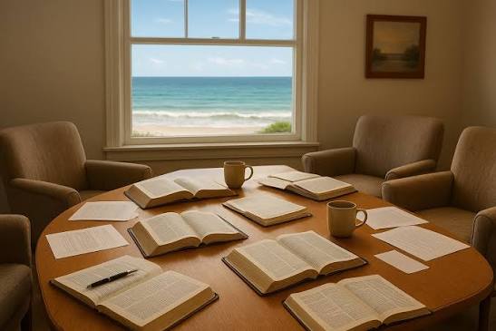Open Bibles and notes around a table for the Bible and Business session